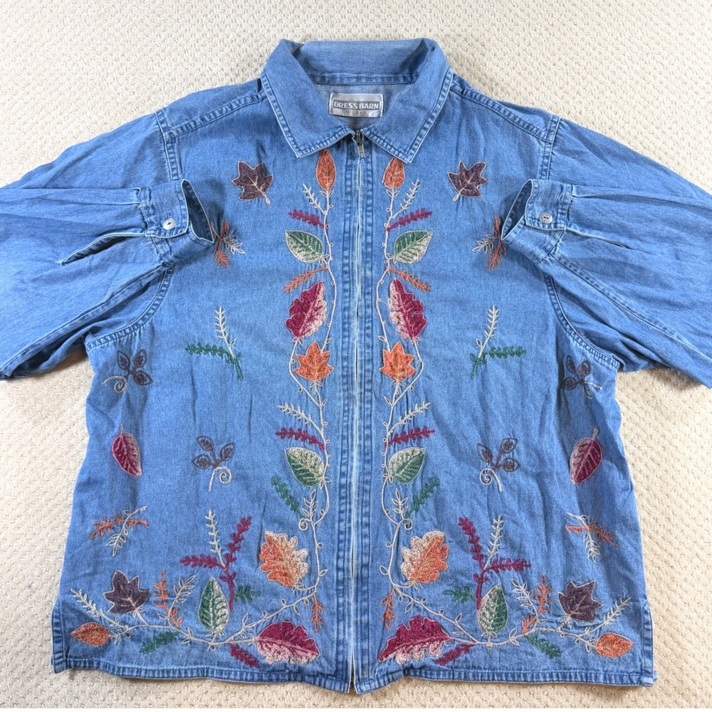 Embroidered Fall Leaves Jean Jacket Women 2X Blue Cottage Grandma Shacket
